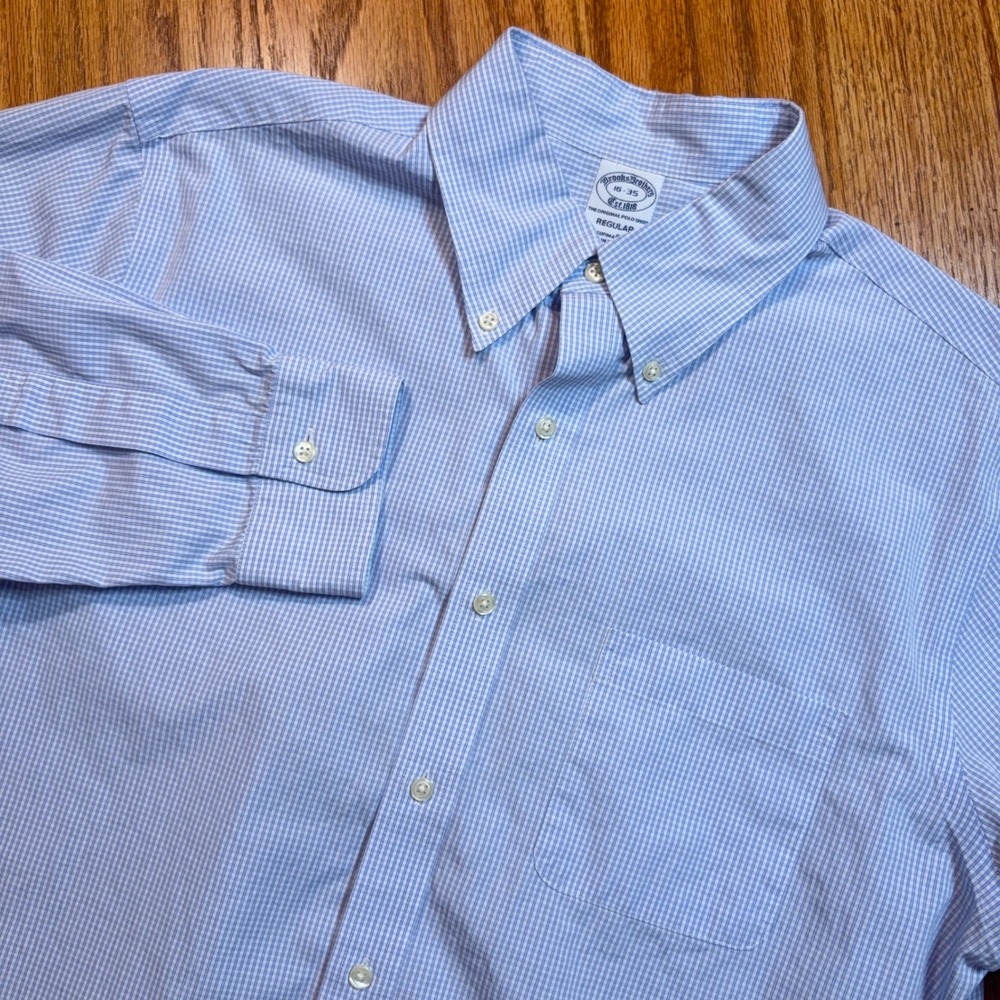 Brooks Brothers Shirt Mens 16 35 Blue Check Supima Cotton Regular Button Down